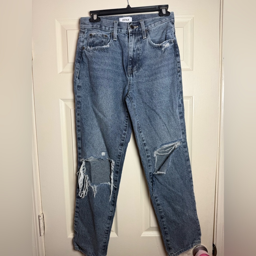 PISTOLA Presley Ripped High Waist Ankle‎ Straight Leg Boyfriend Jeans